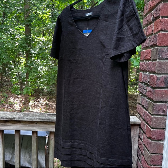 NWT Nicole Miller Black V-Neck Short Flutter Sleeve Linen Blend Dress Sz L - Picture 5 of 10